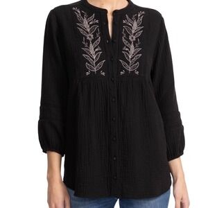 Johnny Was Calme NWOT XXL Black Cotton Gauze Embroidered Floral Blouse Shirt